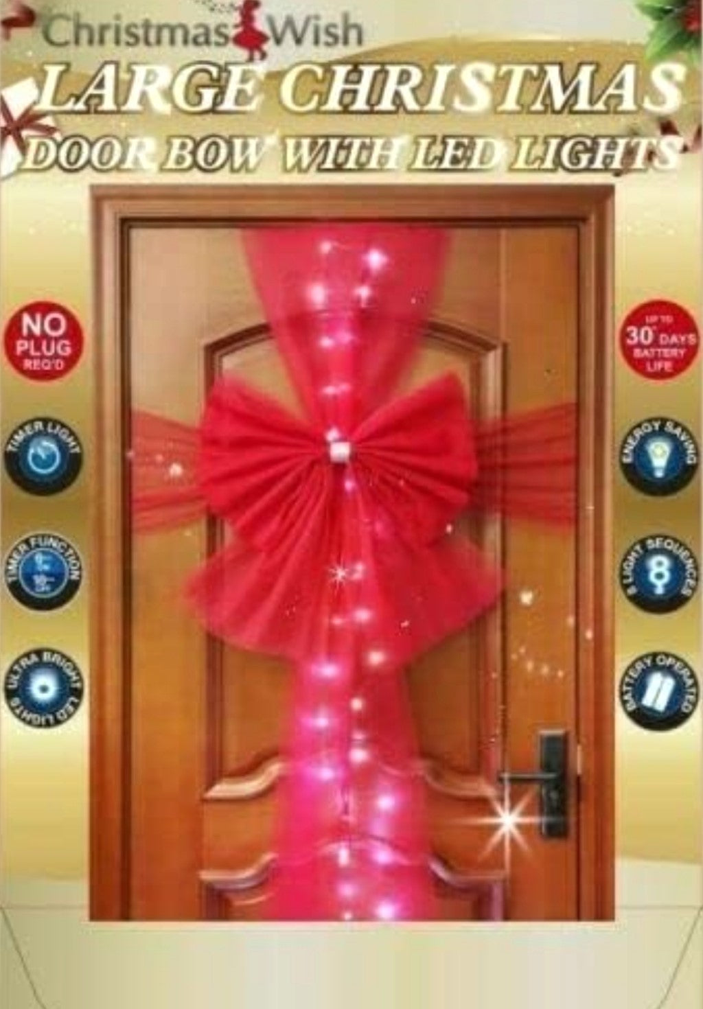 Large Christmas Fabric Door Bow and Ribbon Full Wrap with Led Light.