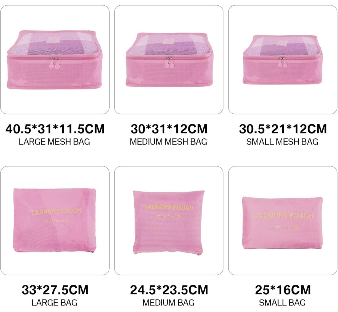 6 Pcs. Travel Organiser Packing Bags. Pink. Stay organised and stylish on every trip with these pink packing cubes!