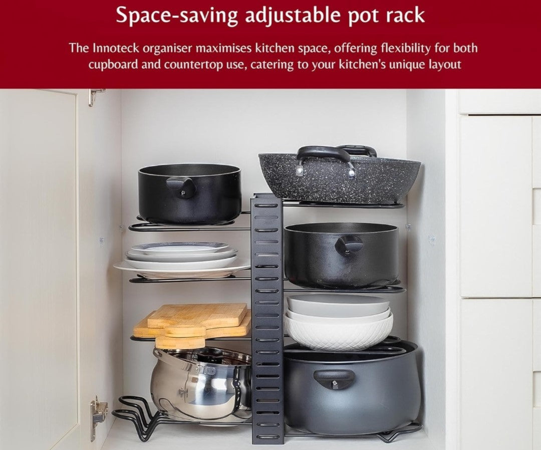 Essential Pots and Pans Organizer Rack with 5 Dividers. Keep your kitchen neat and organized with this essential cookware rack today!