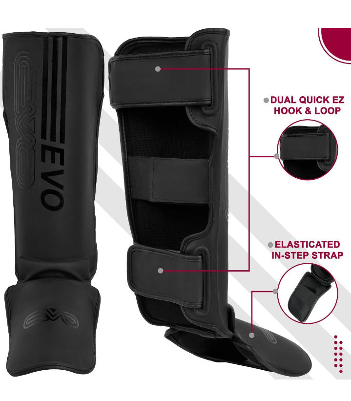 EVO Fitness Matte Black Shin Pads Size S. Order Now and Kick with Confidence!