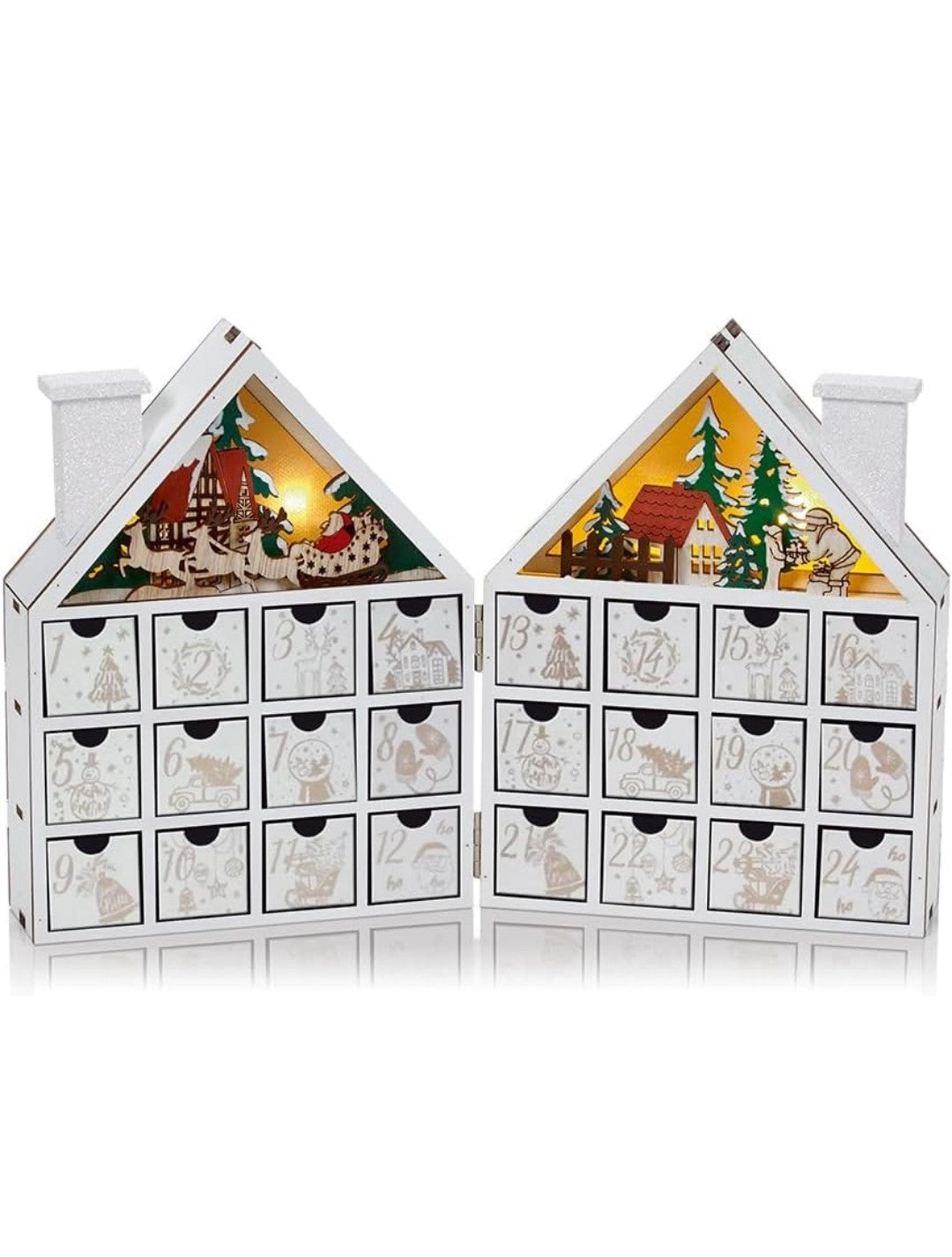 White Wooden Advent Book - Led House with Christmas Scene.