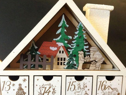 White Wooden Advent Book - Led House with Christmas Scene.