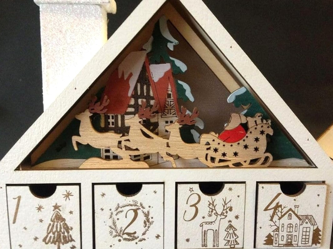 White Wooden Advent Book - Led House with Christmas Scene.