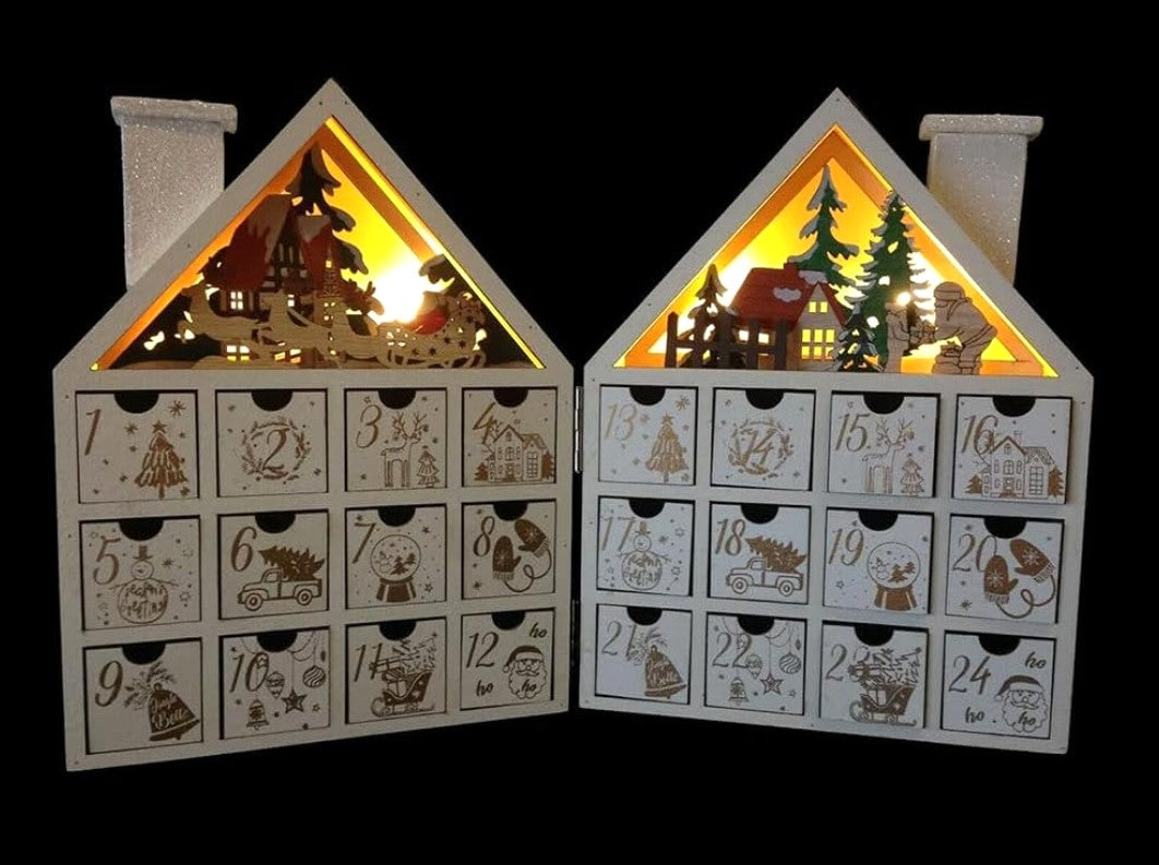 White Wooden Advent Book - Led House with Christmas Scene.