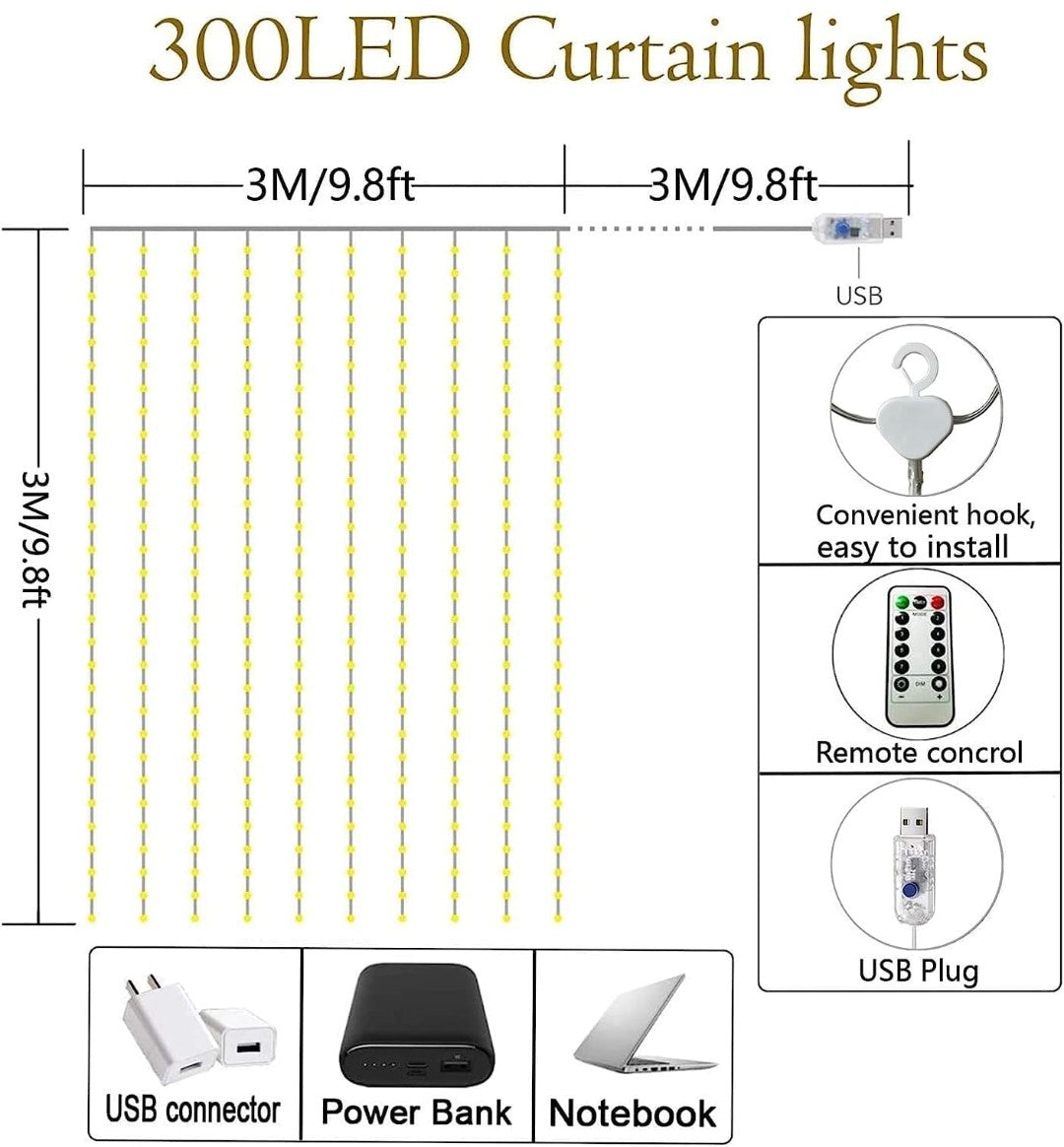 Led Curtain Light 300 USB Led Cool White Lights. Order Now and Light Up Your Space with Elegance!