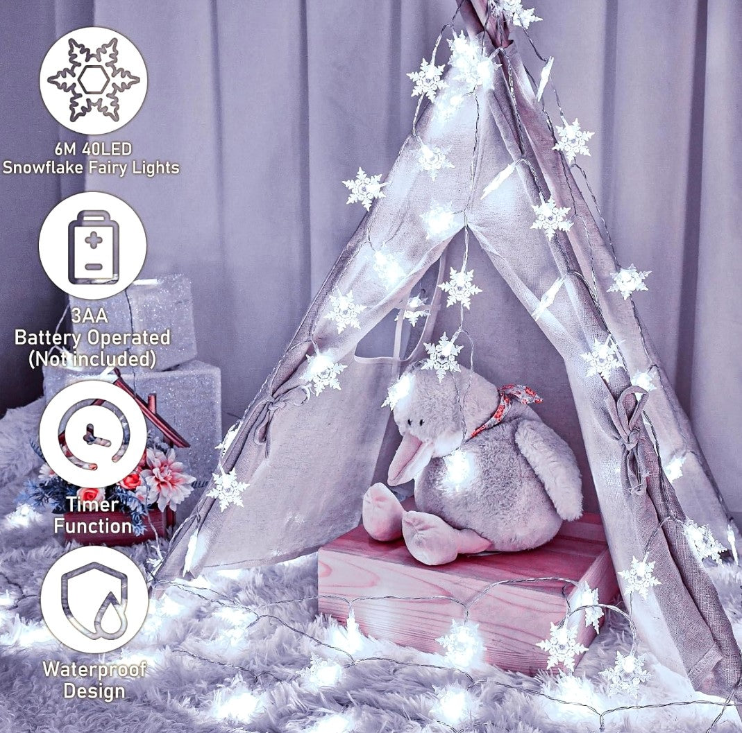 Snowflake Fairy Lights 6m - 40 Leds Battery Operated String Lights.