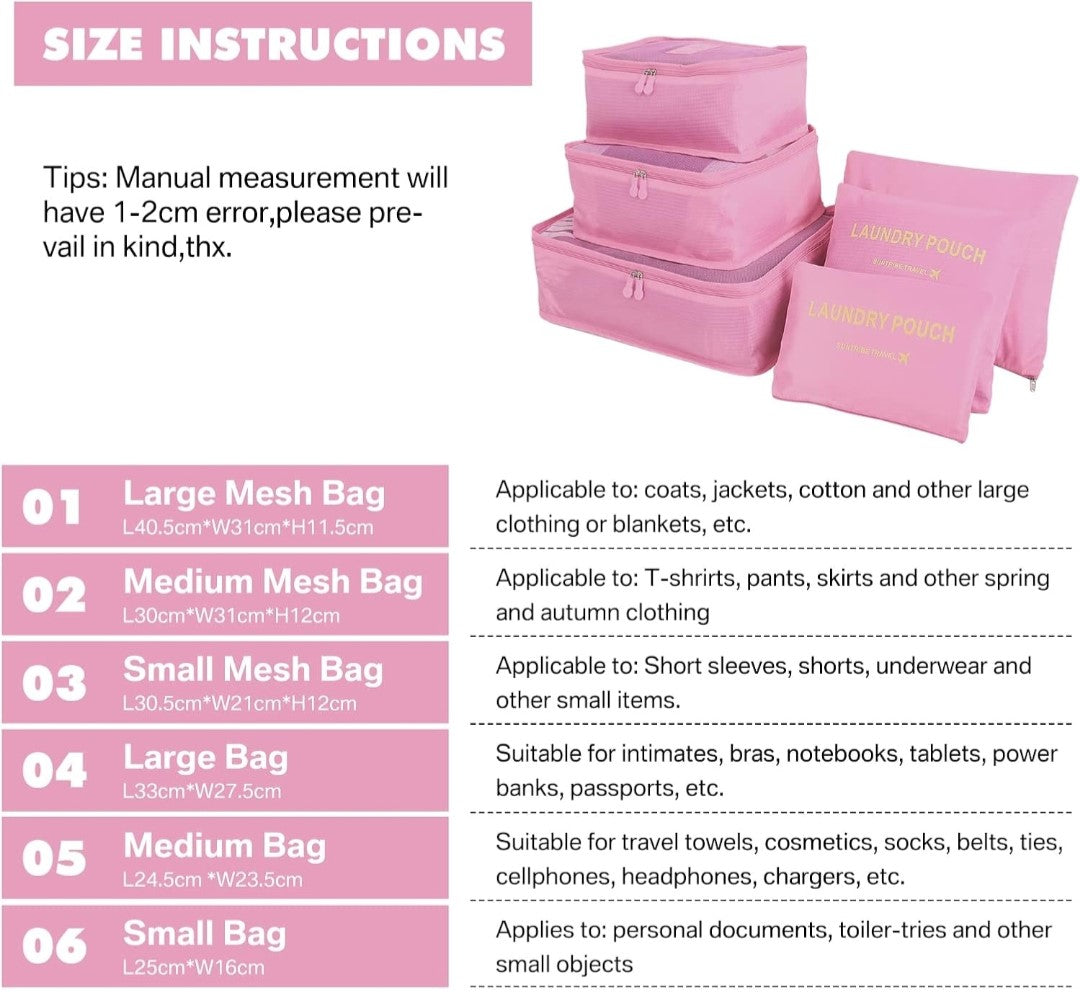 6 Pcs. Travel Organiser Packing Bags. Pink. Stay organised and stylish on every trip with these pink packing cubes!