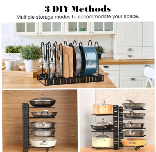 Essential Pots and Pans Organizer Rack with 5 Dividers. Keep your kitchen neat and organized with this essential cookware rack today!