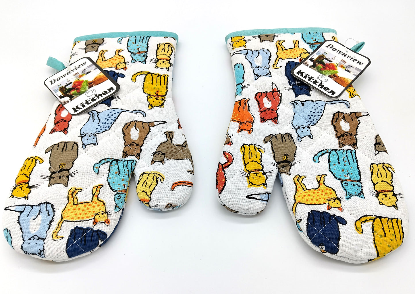 Set of 2 Oven Gloves - Colorful Cat Print Design.