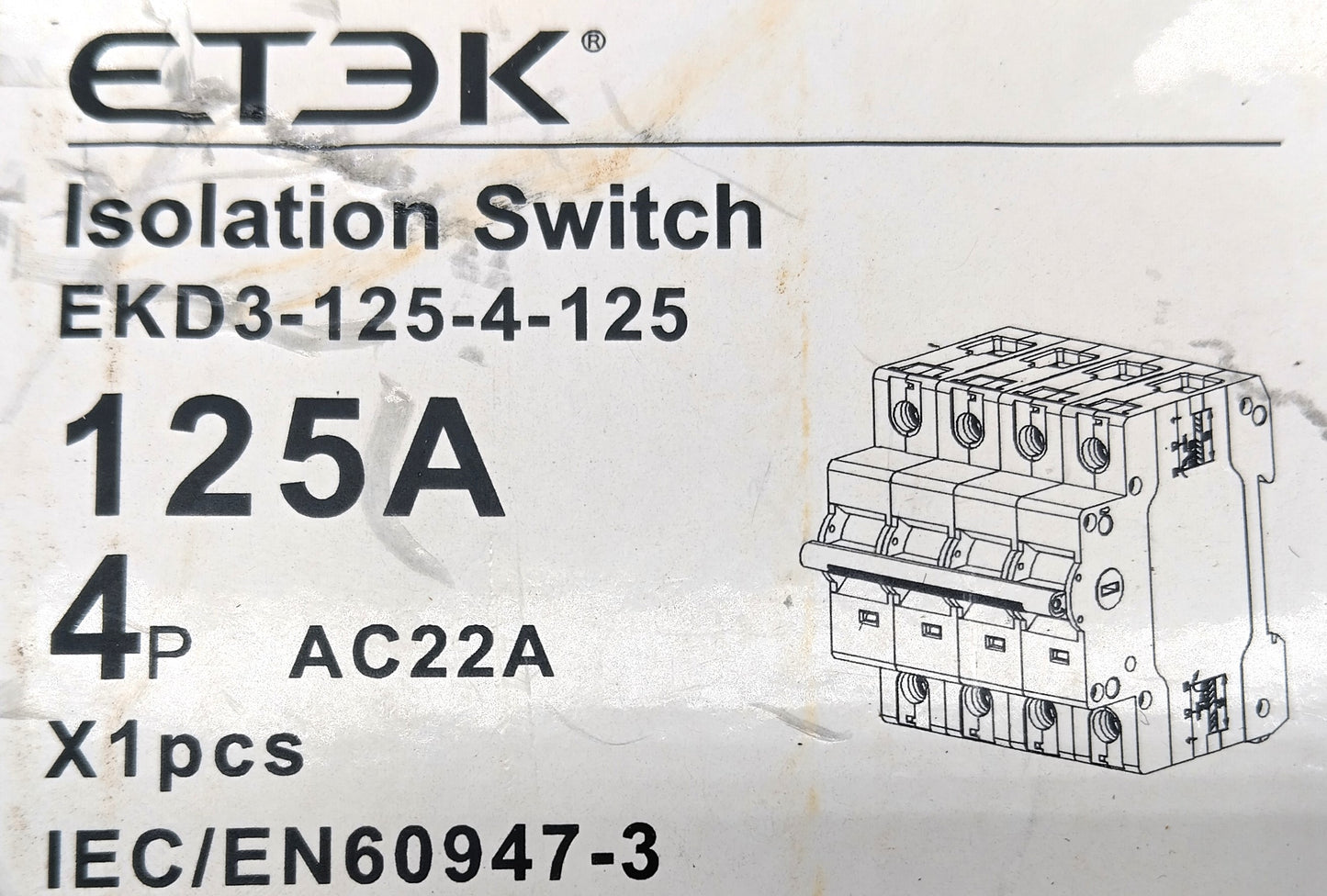 ETEK Isolation Swich EKD3-125-4-125. 125A. Upgrade your electrical system with the ETEK Isolation Switch EKD3-125-4-125.