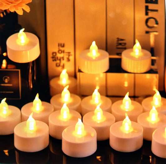 FLAMELESS LED Tea Lights 24 pcs. Add a cozy, flickering ambiance to any setting with these Flameless LED Tea Lights.