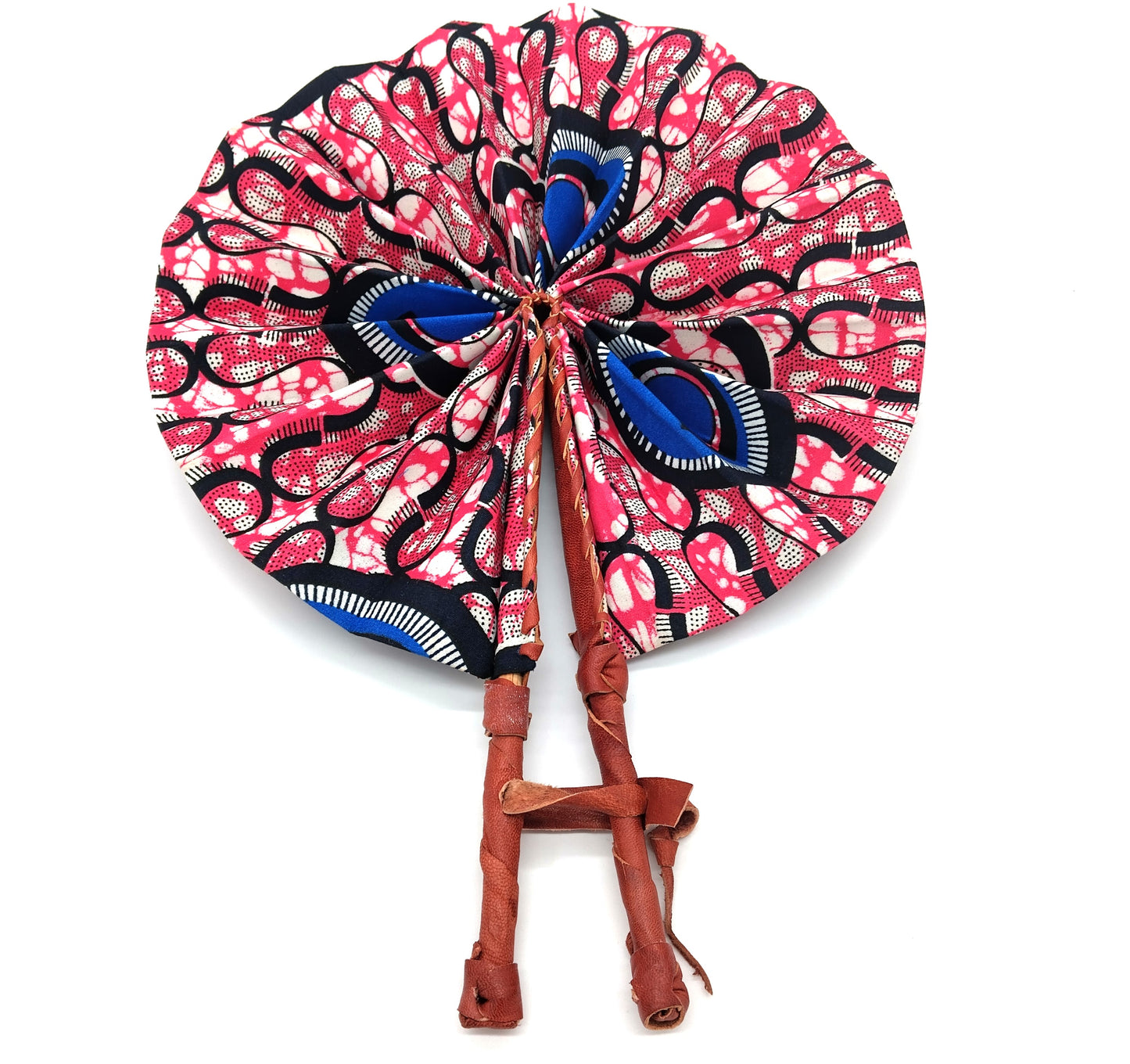 OMOTOLA African Folding Handheld Fan. Blue and Pink. Order now and embrace tradition with a functional, stylish flair!