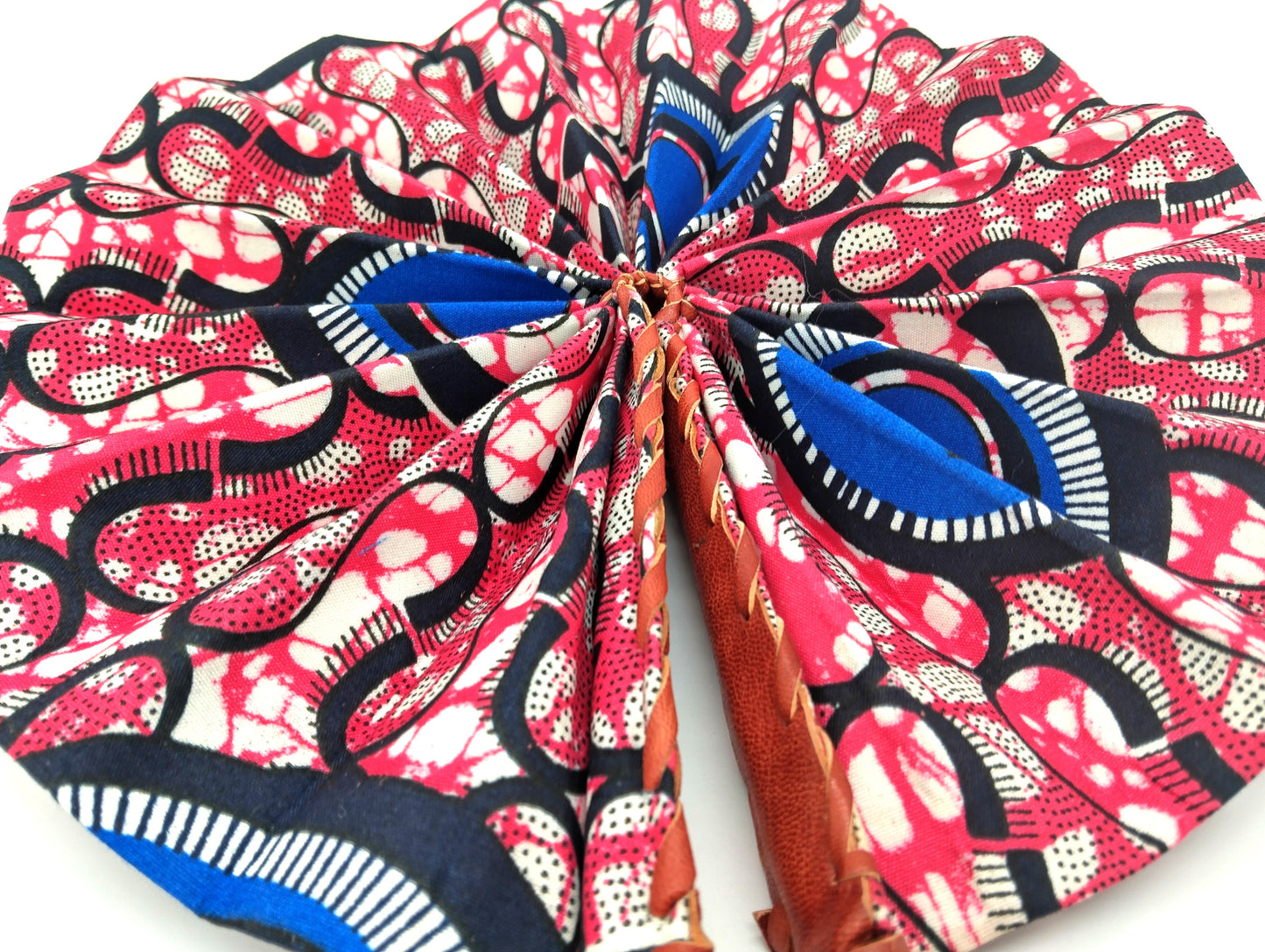 OMOTOLA African Folding Handheld Fan. Blue and Pink. Order now and embrace tradition with a functional, stylish flair!