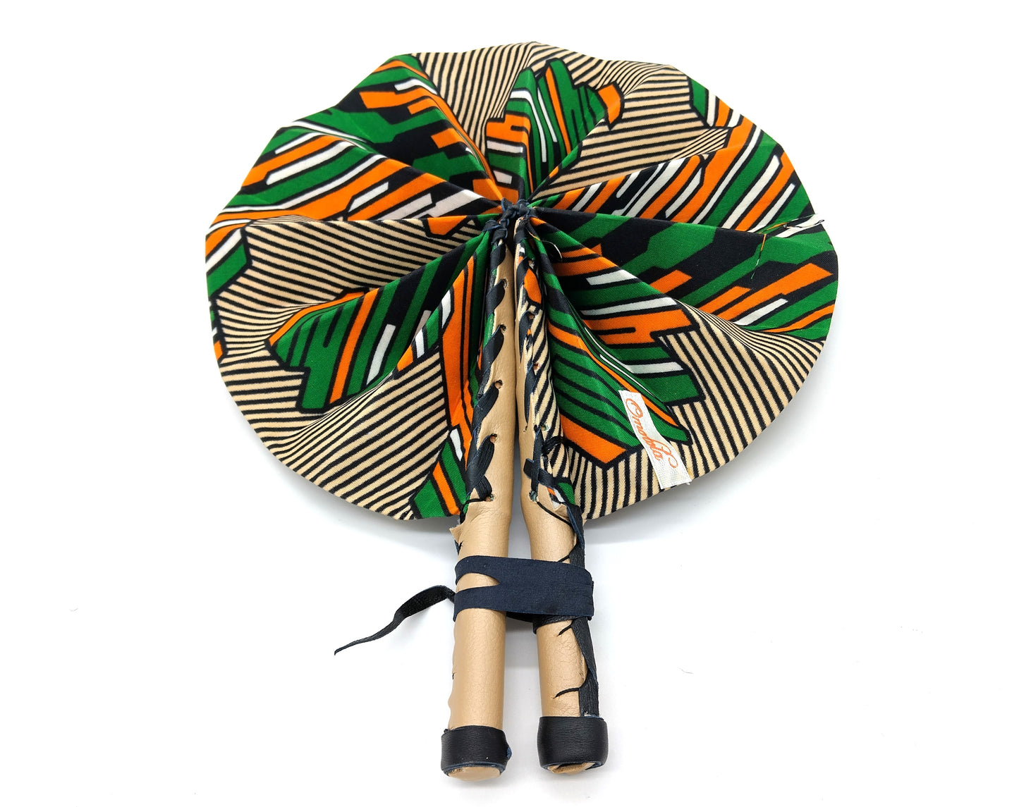 OMOTOLA African Folding Handheld Fan. Green and Beige. Stay cool and stylish with the OMOTOLA African Folding Handheld Fan in green and beige.