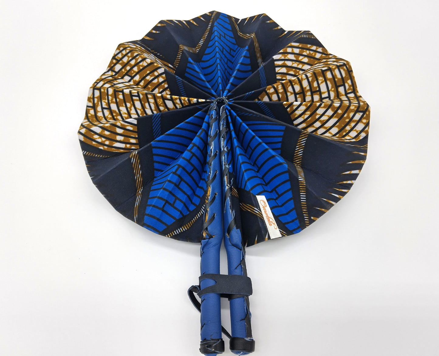 OMOTOLA African Folding Handheld Fan. Blue and Black. Order today and stay cool in style!