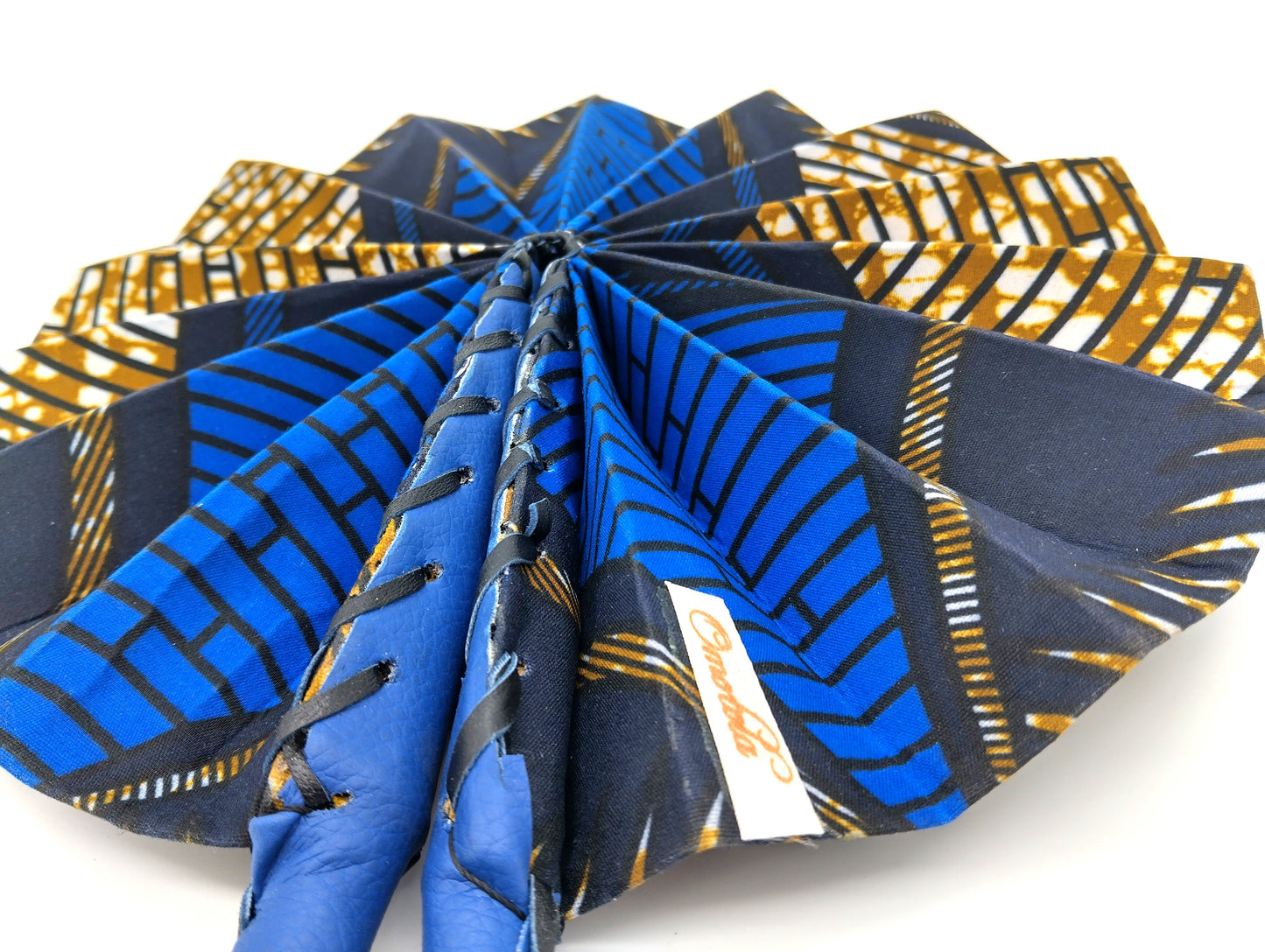 OMOTOLA African Folding Handheld Fan. Blue and Black. Order today and stay cool in style!