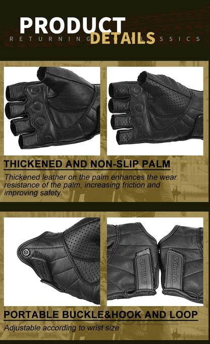 Retro Black Leather Fingerless Motorcycle Gloves