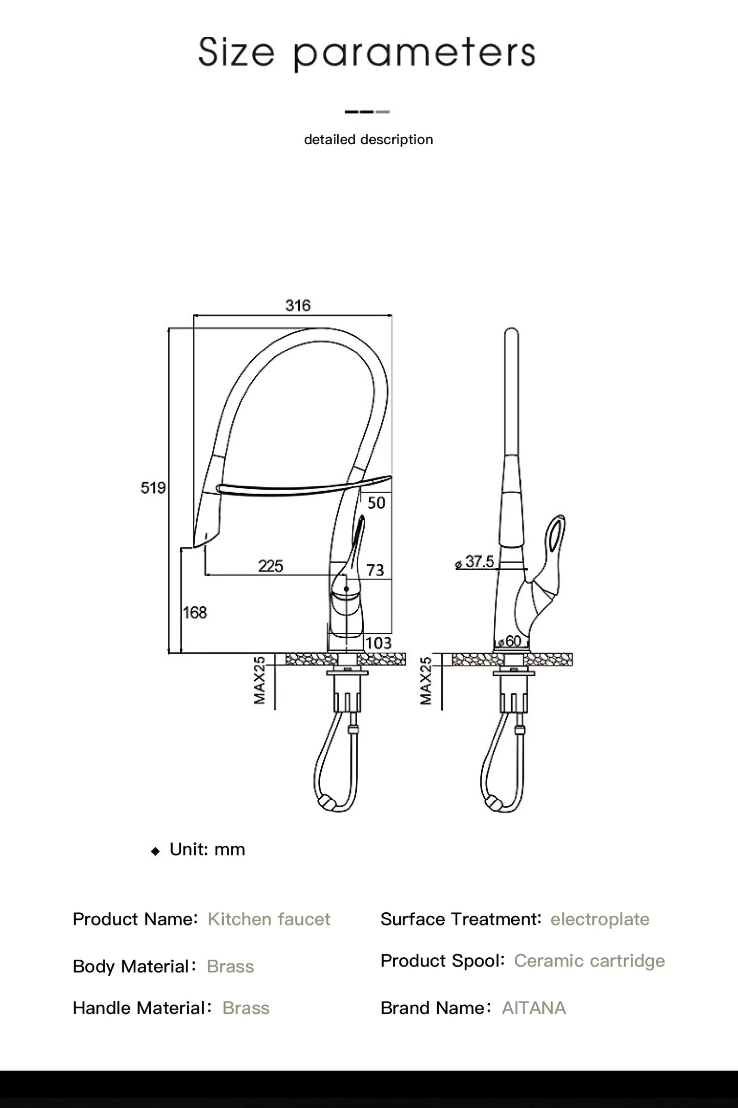 AITANA Luxury Brass Gun Grey Kitchen Faucet with Touch Switch