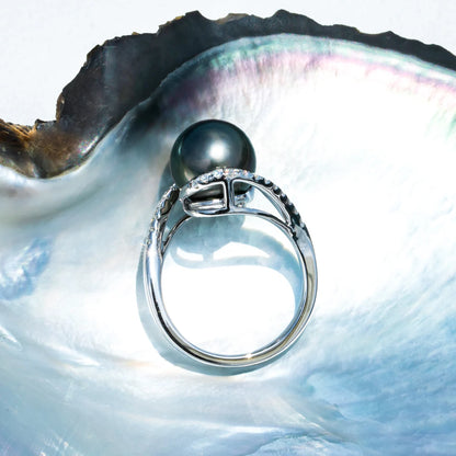 Natural Tahitian Black Pearl &amp; Moissanite Diamond Engagement Ring.