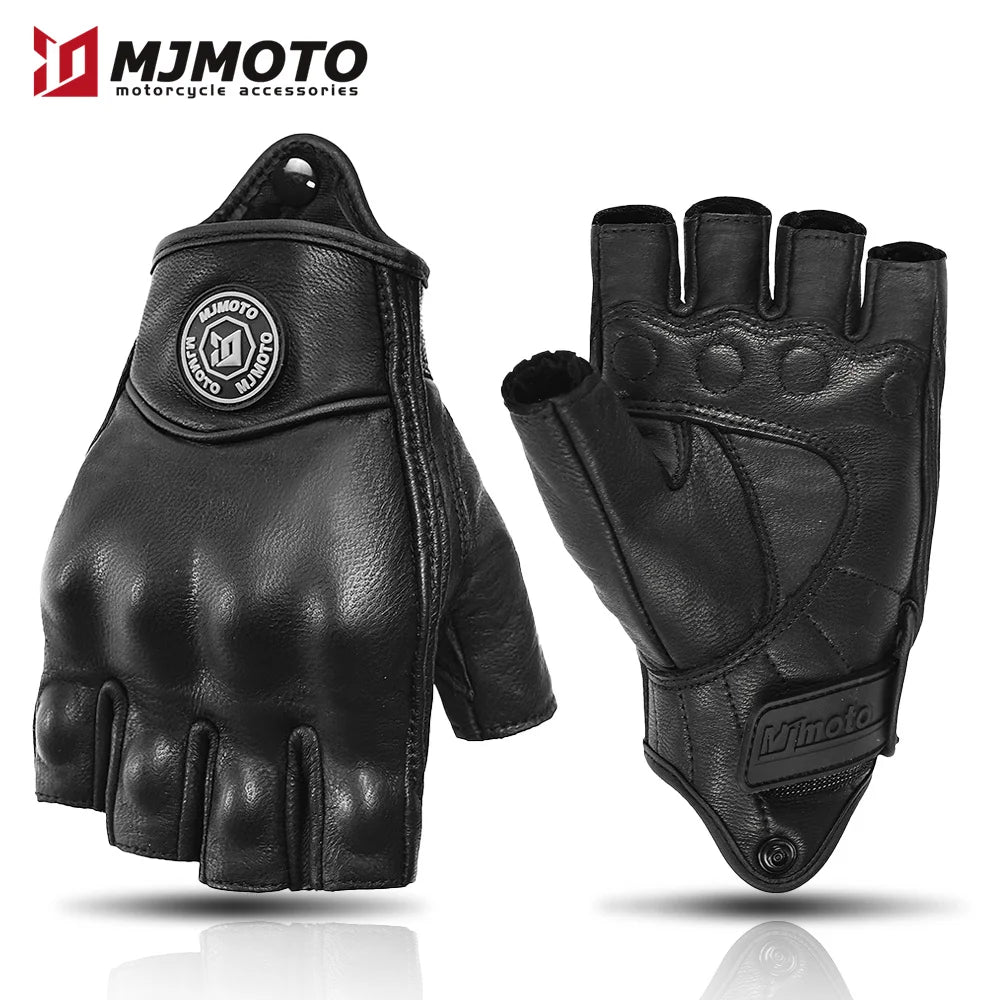 Retro Black Leather Fingerless Motorcycle Gloves