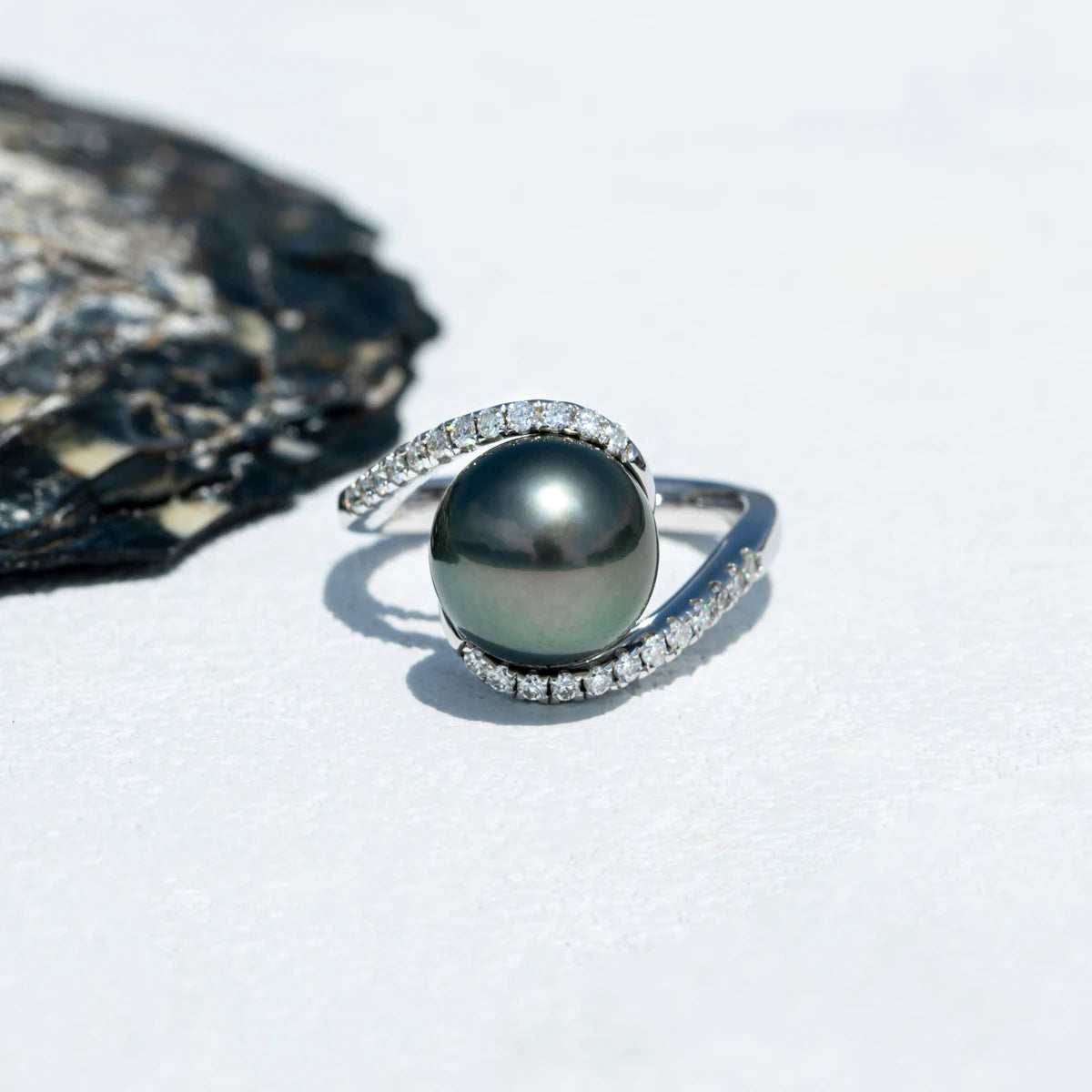 Natural Tahitian Black Pearl &amp; Moissanite Diamond Engagement Ring.