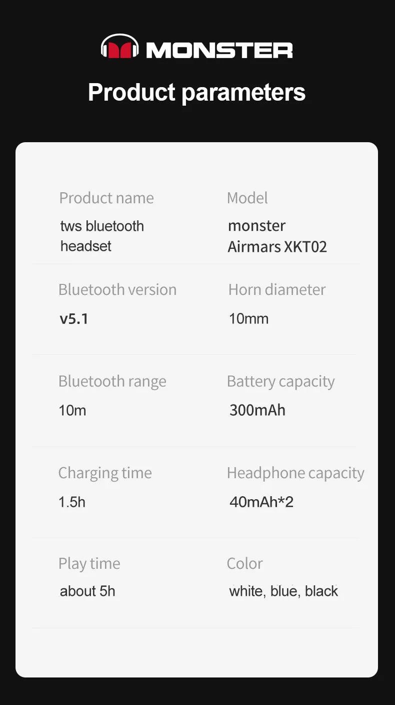 Monster Airmars XKT02 TWS 5.1 Wireless Earbuds.