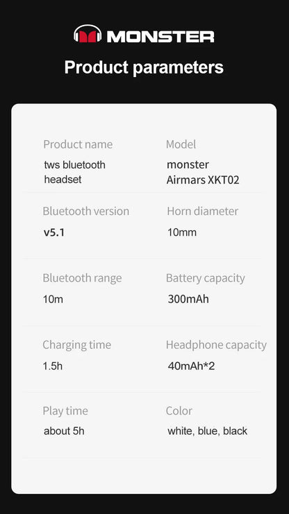 Monster Airmars XKT02 TWS 5.1 Wireless Earbuds.