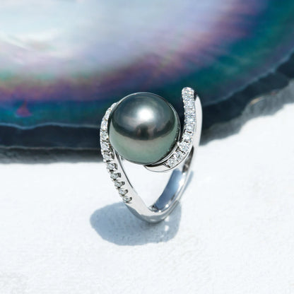 Natural Tahitian Black Pearl &amp; Moissanite Diamond Engagement Ring.