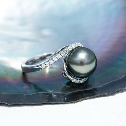 Natural Tahitian Black Pearl &amp; Moissanite Diamond Engagement Ring.