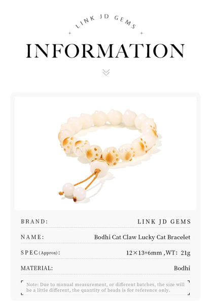 JD Natural Bodhi Root Carved Cat Claw Lucky Cat Bracelet.