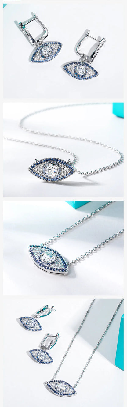 Moissanite Hoop Earrings &amp; Evil Eye Necklace Set.