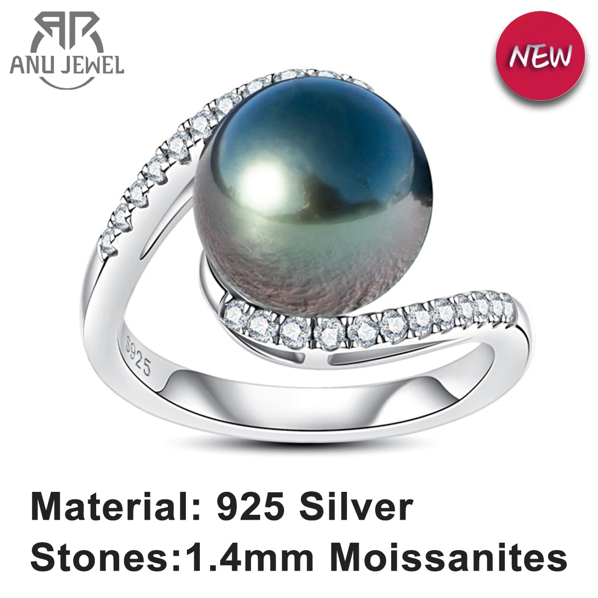 Natural Tahitian Black Pearl &amp; Moissanite Diamond Engagement Ring.