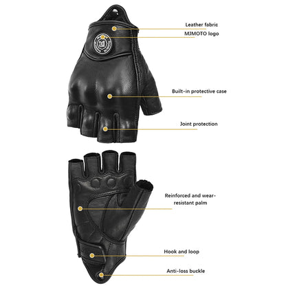 Retro Black Leather Fingerless Motorcycle Gloves