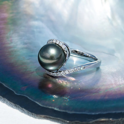 Natural Tahitian Black Pearl &amp; Moissanite Diamond Engagement Ring.