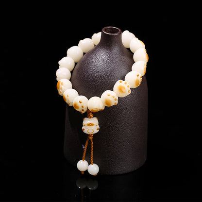 JD Natural Bodhi Root Carved Cat Claw Lucky Cat Bracelet.