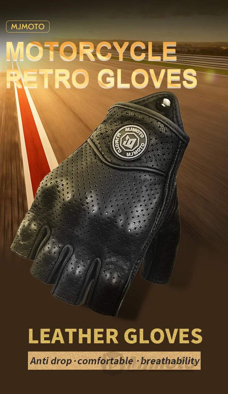 Retro Black Leather Fingerless Motorcycle Gloves