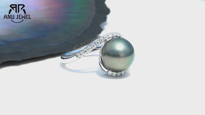 Natural Tahitian Black Pearl &amp; Moissanite Diamond Engagement Ring.